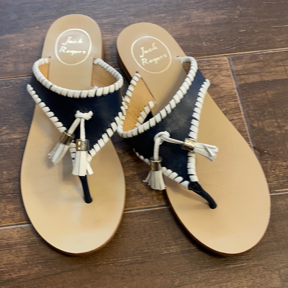 CUTE Jack Rogers navy & white tassel sandals - EUC